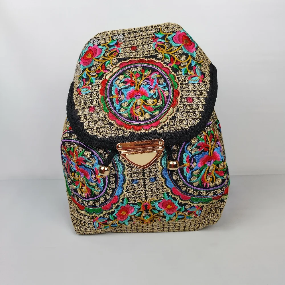 Embroidered mexican floral multicolor handmade‎ bagpack 100% mexican art new